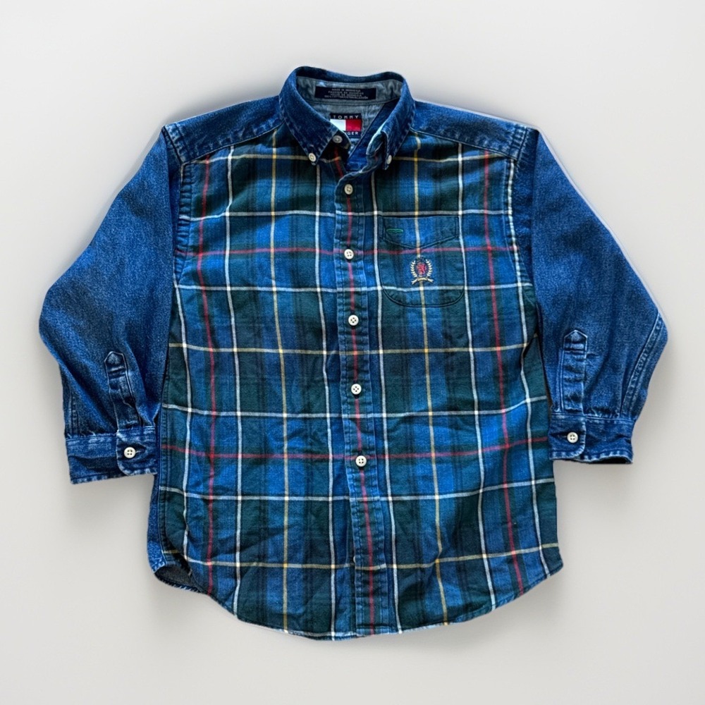 Vintage Tommy Hilfiger Shirt Youth 5 Denim Plaid Button Down Preppy Kids